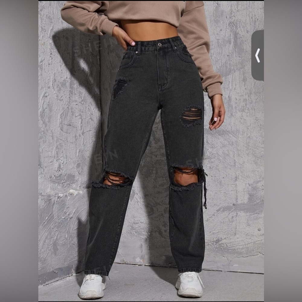 SHEIN EZwear High Waist Ripped Straight Leg Jeans Size XS (2) Black Denim
